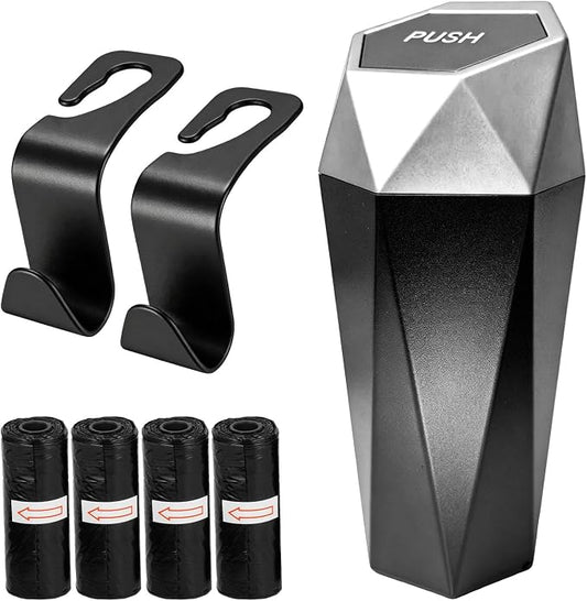 Car Trash Can with Lid, Waterproof Diamond Design Auto Cup Holder Trash Bin, Leakproof Mini Garbage Organizer for Vehicle Home Office Kitchen Bedroom, Car Accessories (Silver)