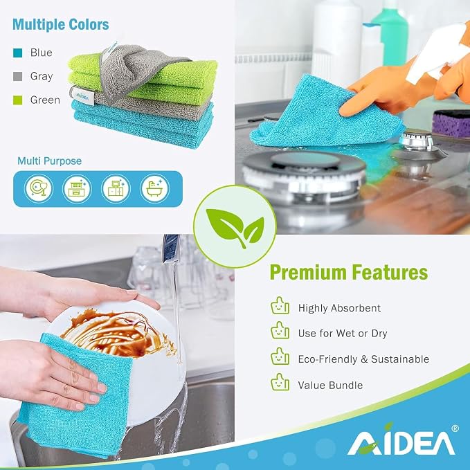 AIDEA Microfiber Cleaning Cloth-150PK, Microfiber Towels for Cars 12"x12" | Absorbent Cleaning Rags, Reusable Microfiber Towels Lint-Free, Dish Rags Streak-Free for Home /Kitchen /Window (Multicolor)
