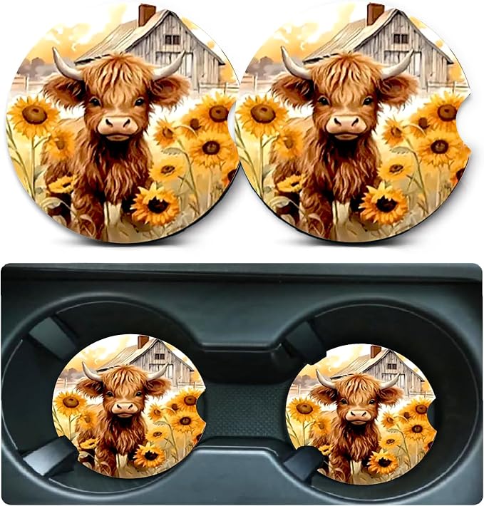 2 Pack Highland Cow Car Cup Holder Coasters,Universal Neoprene Coasters | 2.75" Universal Size Anti Slip Rubber Mat,Auto Cup Holder Accessories for SUV Truck,Cow Print Gifts for Women,Men,Mom