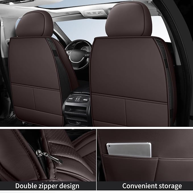 HChengkikz Nappa Leather Car Seat Covers Full Set, Brown Car seat Protector 5 Seats, Waterproof Car Seat Cushion, Universal Automotive Seat Covers Fit for SUV Truck Pick-up Sedan, Front and Rear | Easy Maintenance, Airbag Compatible, Universal Fit For ...