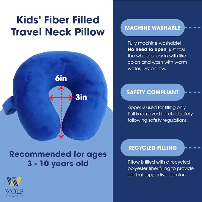 Wolf Essentials Kids Travel Neck Pillow - Cozy Soft Microfiber, Compact Design for Airplane, Car Seat, or Toddler Travel Support – Pink