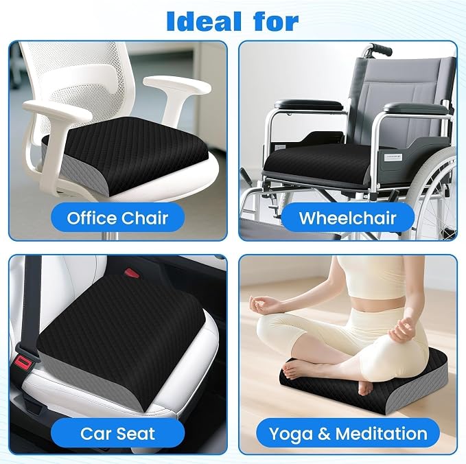 Seat Cushion, Memory Foam Chair Pad for Sciatica & Hip Pain Relief, Non-Slip Cushion for Office, Home, Car, Large Desk Chair Cushion, Washable Cover & Handle, Large, Black