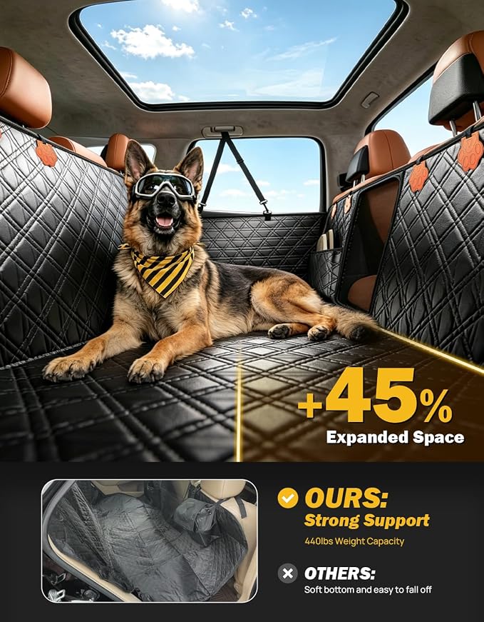 JOYTUTUS Back Seat Extender for Dogs, PU Leather Dog Car Seat Cover with Hard Bottom, Dog Hammock with Mesh Window, Dog Car Seat Cover for Full Size Truck&SUV, Holds 440 lbs