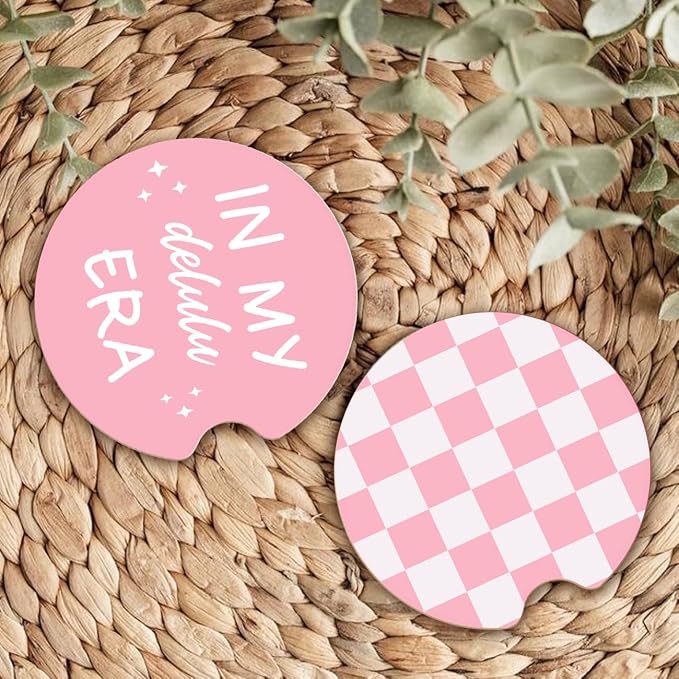 Ceramic Car Coasters – Absorbent Car Cup Holder Coaster Set for Women, Cute Aesthetic Car Accessories for Girls, 2 Pack (Deep Rose)