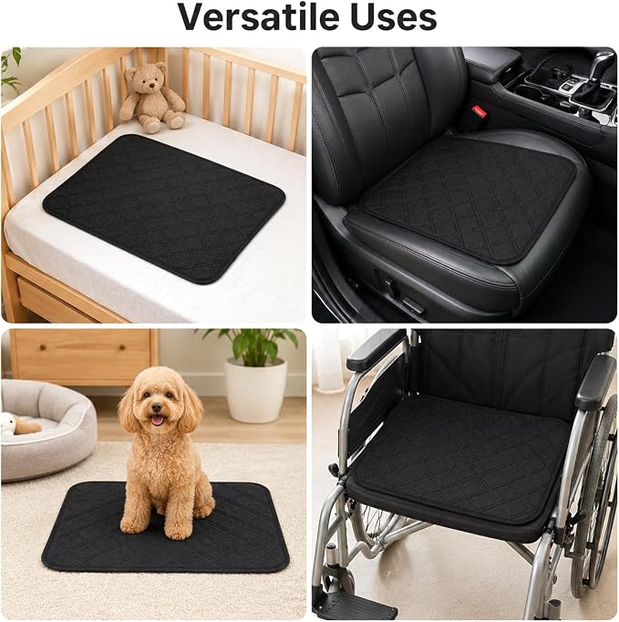 4 Pack Waterproof Chair Pads for Incontinence, 22" x 21" Reusable | Seat Protector Pads, Black Washable Seat Cover Non-Slip Absorbent Pee Cover for Incontinence Bed Wheelchair Adults