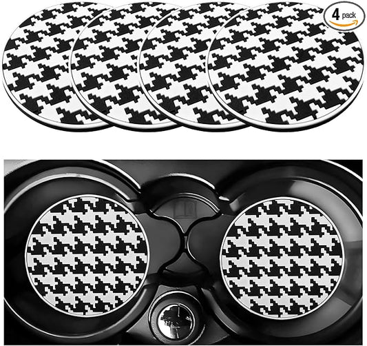 DXNQ 4 PCS Car Cup Coasters, 2.76 Inch Anti-Slip Checkered Vehicle Cup Holder Insert Coasters, Auto White & Black Drink Cup Mats for Front Console Cup Holders, Car Accessories (Houndstooth)