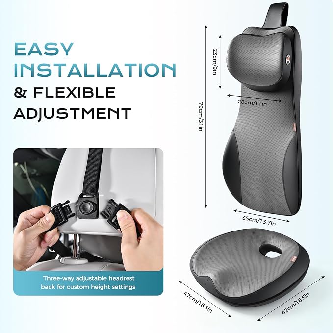 Coverado Car Seat Cushion and One Piece Lumbar Support with Headrest Pillow, Ergonomic Memory Foam Car Back Support, Adjustable Velcro Design Car Neck Pillow, Sciatica Back Neck Pain Relief, Blackgray