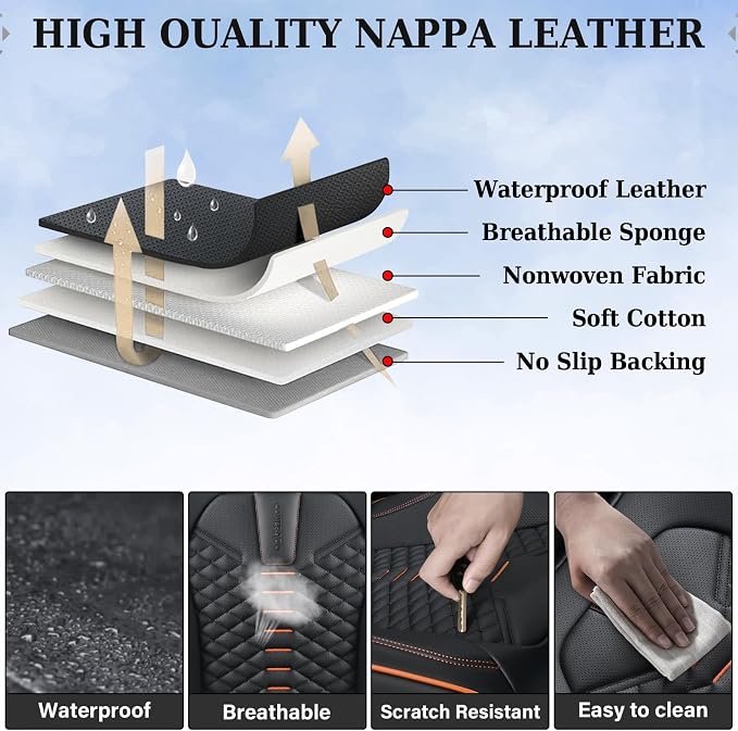 Coverado Leather Seat Covers, Car Seat Covers Full Set, Nappa Leather Seat Covers for Cars, Car Seat Protectors Waterproof, 5 Seats Black&Orange Automotive Seat Covers Fit for Most Cars Trucks