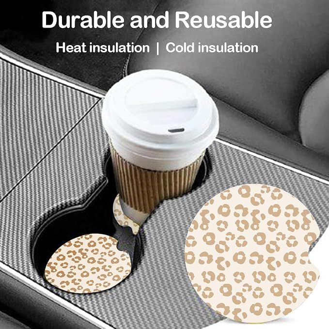 Ceramic Car Coasters – Absorbent Car Cup Holder Coaster Set for Women, Cute Aesthetic Car Accessories for Girls, 2 Pack (Tan)