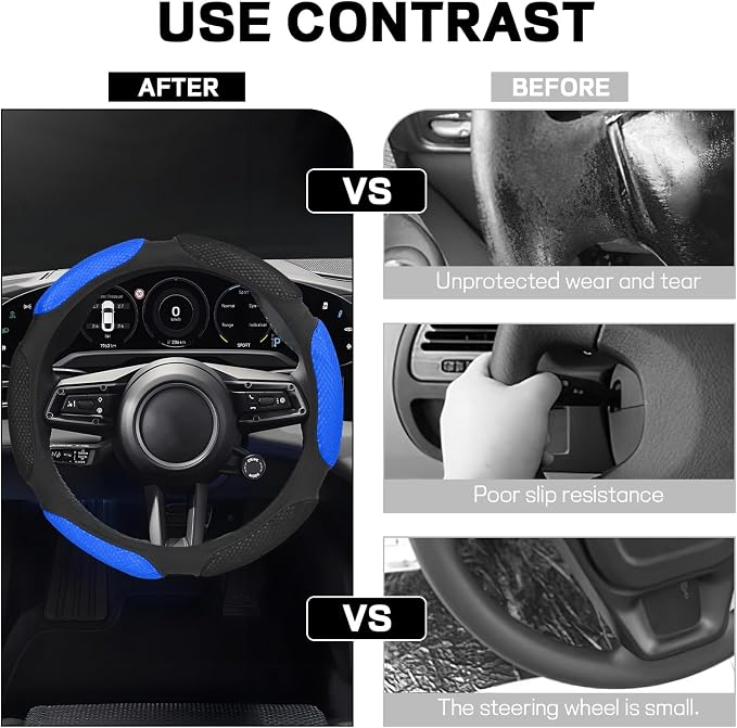 Wuyaoyao Car Steering Wheel Cover, 15 Inch PU Leather Anti-Slip Steering Wheel Covers Protector with Soft Hand Pad Cushion, Breathable & Comfortable, Universal Interior Car Accessories (Black+Blue)