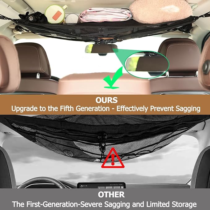Car Ceiling Cargo Net Fits for Toyota Tundra CrewMax 2022-2025, Roof Storage Organizer Double-Layer Elastic Mesh High Capacity Sundries Holder Storage Solution