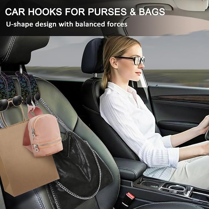 Blusabaca 2PCS Car Seat Back Storage Headrest Hooks, Dog Paw Purse Holder Bags Hanger, PU Leather Double Metal Hook for Backseat Organizer, Women Car Accessories Organization
