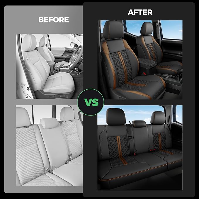 Custom Seat Covers for Tacoma 2016-2023 3rd Gen Double Cab SR5/TRD Off-Road/SR/TRD Sport/TRD PRO Full Set with Console Covers, Waterproof Leather Back and Front Seat Protectors Black Brown