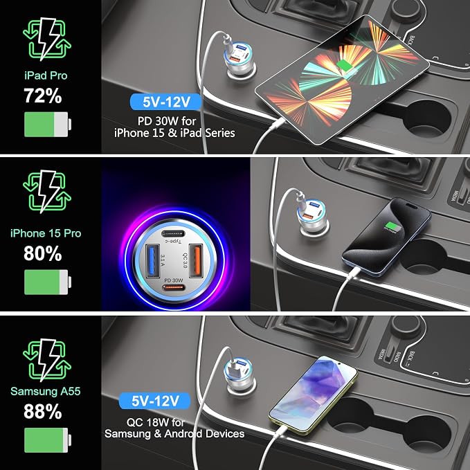 USB C Car Charger, 4 Port 65W Super Fast Charging Cigarette Lighter Adapter | QC/PD 30W Car Phone Charger 12V USB Car Outlet Adapter,for iPhone 17 16 15 14 13 12 iPad Pro,Samsung,Pixel(Silver)