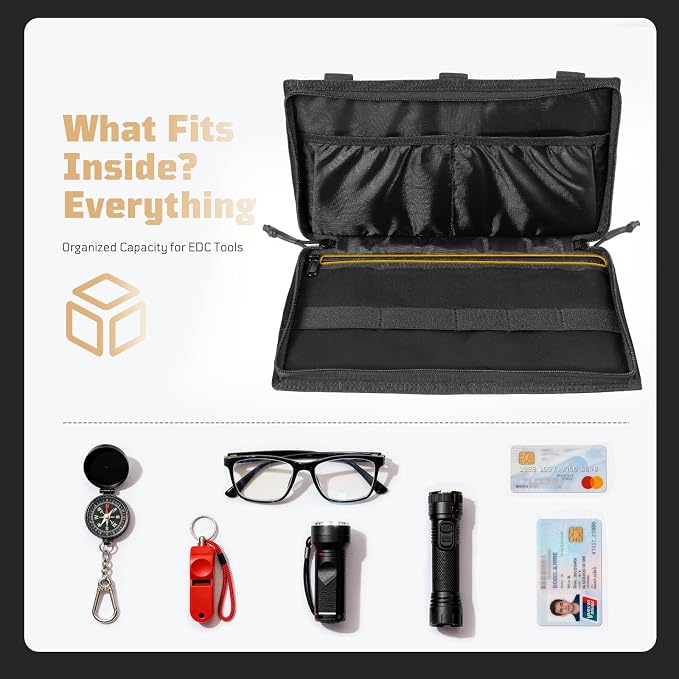 OneTigris Tactical MOLLE Sun Visor Organizer, Car Visor Panel EDC Storage | Features multi pockets with zipper pouch, detachable photo/ID panel, and glasses clip for versatile vehicle storage