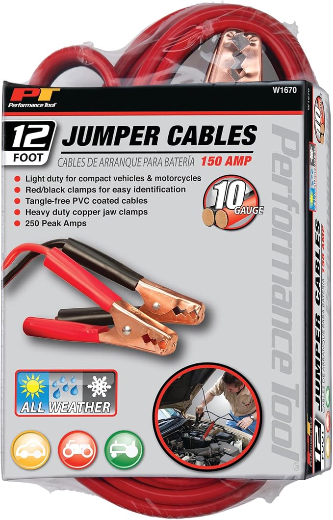 Performance Tool W1670 12' 10-Gauge 150 AMP All Weather Jumper Cables