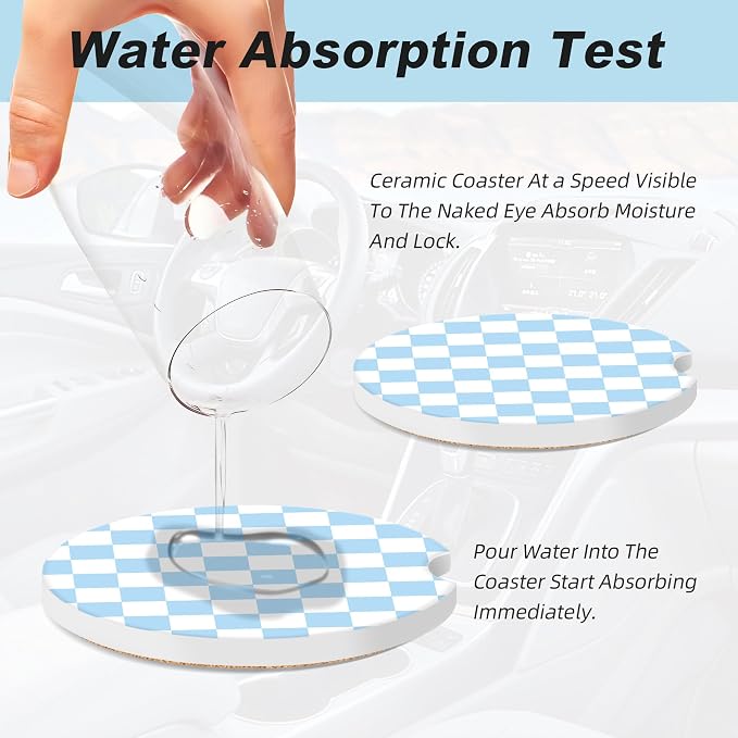 Blue and White Checkered Car Coasters for Cup Holders,2 Pack Car Cup Holder Coasters for Car,Ceramic Absorbent Car Coaster with A Finger Notch and Cork Base,Car Interior Accessories for Women Men