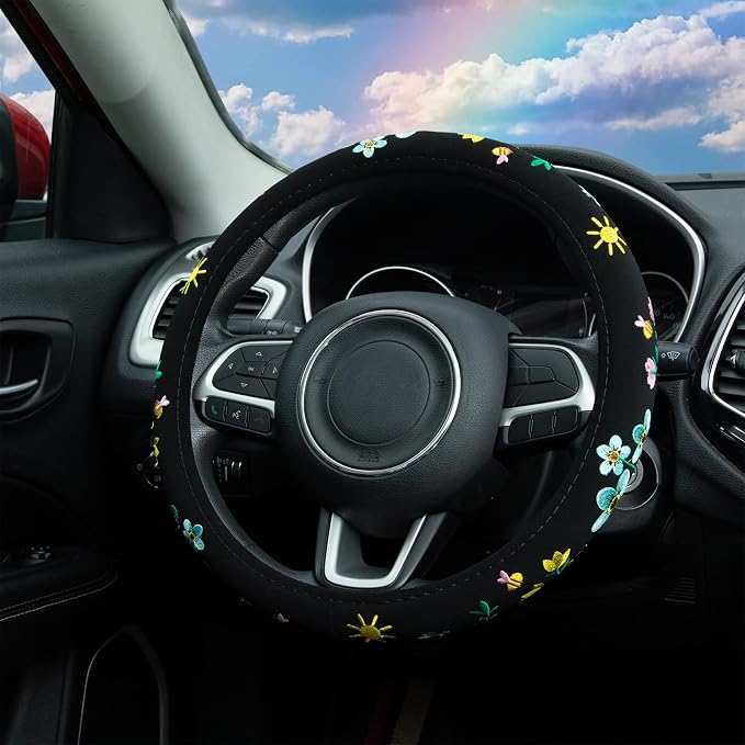 Embroidered Floral Bee Cute Black Steering Wheel Cover, Auto Anti-Slip Breathable Steering Wheel Protector,Floral Car Accessories for Women,Universal Size Fit Most Cars -15 inch