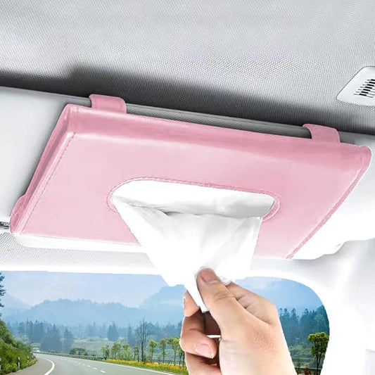 Premium PU Leather Car Tissue Holder Visor for Universal Auto,Tissue Case Holder Seat Back with Tissue Refill, Car Tissue Holder (Pink)