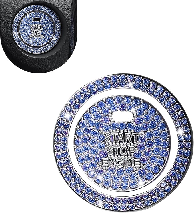 Crystal Rhinestone Car Engine Stop Decoration Ring Sticker, Sparkling Rhinestone Push Start Button Decorative Cover, Bling Interior Accessories for Women, Universal for Most Car (Blue)