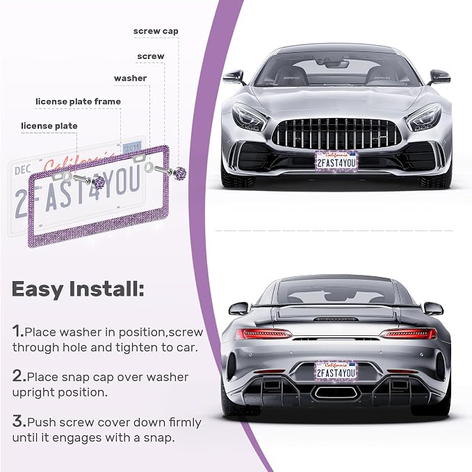 QUANQIUFEI 2 Pack Bling License Plate Frames, Sparkly Rhinestone Diamond Car License Plate Cover for Women, Stainless Steel Car Accessories with Glitter Crystal Caps (Tanzanite)
