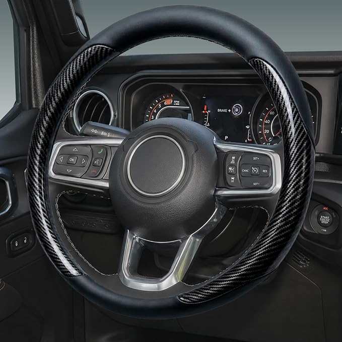 Yangday Leather Steering Wheel Cover for Jeep Wrangler Grand Cherokee Compass, 14.5-15 inches Car Steering Wheel Cover with Non-Slip Breathable (Carbon Black)