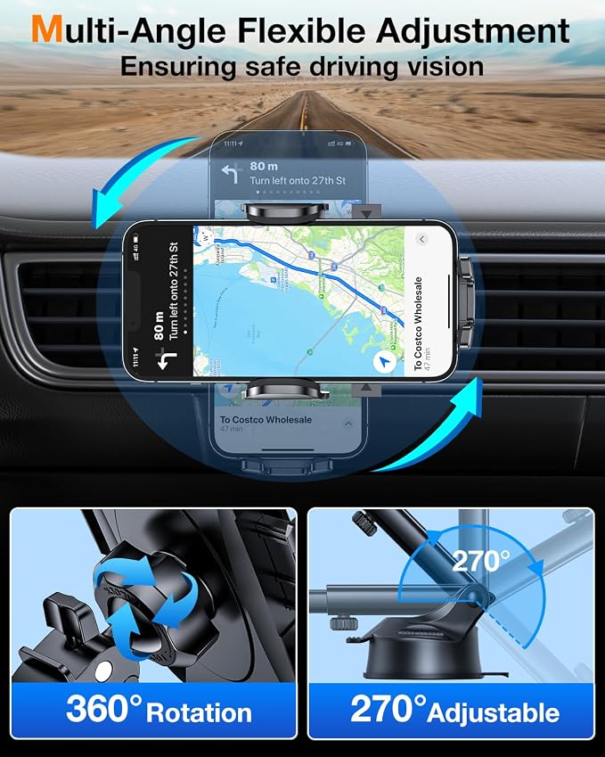 HTU Car Phone Holder【2026 Upgraded 100+LBS Suction & Safety Cert】 Cell Phone Car Mount for Truck Heavy Duty Phone Holder for Dashboard/Windshield/Vent for iPhone 17 16 Pro Max, Grey