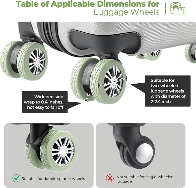 8Pcs Upgrade Luggage Wheel Covers, Travel Accessories (Green) | Wear-resistant & anti-noise silicone covers. Fits 2-2.4" wheels. Protects suitcase wheels. Travel essential for suitcases