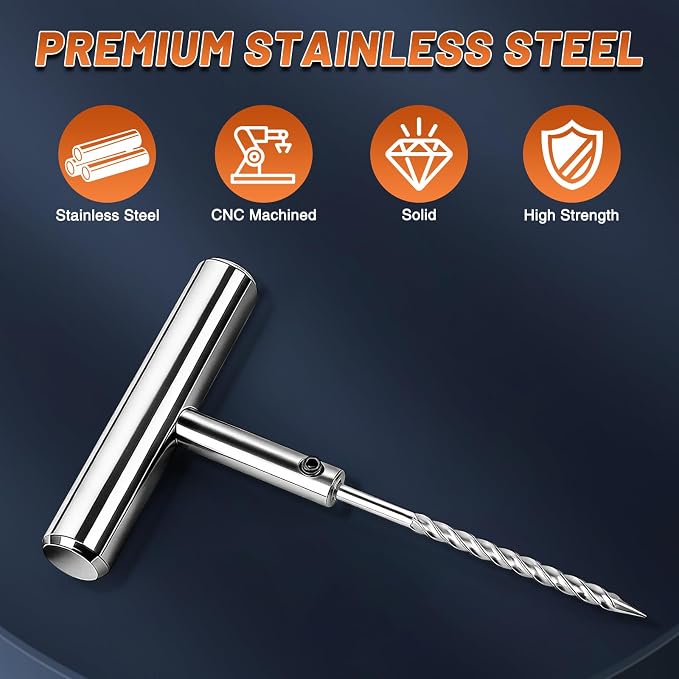 Spiral Probe Wrench, Tire Repair Puncture Tool Kit Heavy Duty Stanless Steel T-Handle Tire Repair Tool for Automobiles Motorcycles