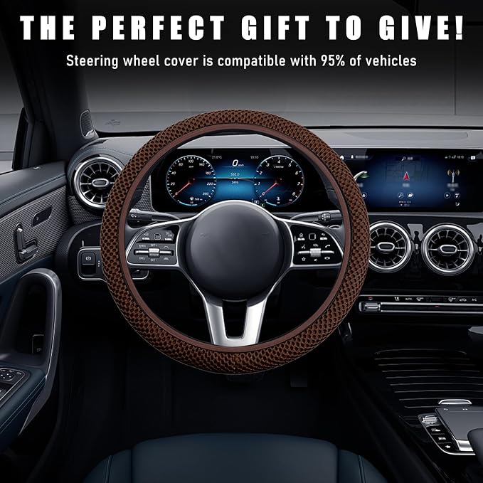 Wevdn Elastic Stretch Steering Wheel Cover, 15"×15" Microfiber Breathable Ice Silk Steering Wheel Protector, Anti-Slip Elastic Steering Wheel Cover for Men Women, Car Accessories (Brown)