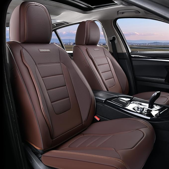 Coverado Car Seat Covers Full Set, Nappa Leather Seat Covers for Cars, Car Seat Protector Car Seat Cushion, Front and Back Seat Protectors Cushions Universal Fit for Most Cars Vehicles(Brown)
