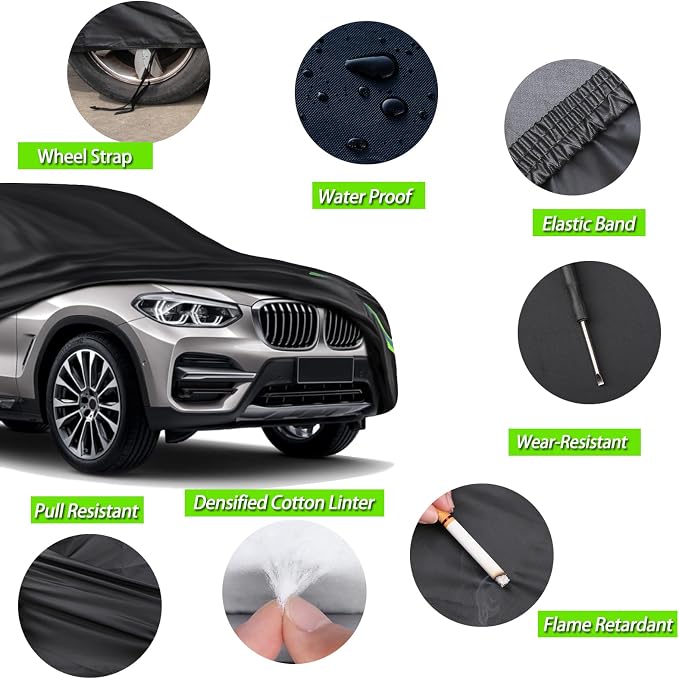 16-Layer 600D Heavy Duty Universal Full Car Cover for Outdoor & Indoor Use - All Weather Sun UV Rain Snow Dust Proof, Waterproof Scratch Resistant, Fits SUVs Body Length 180"-189"/15-15.7 ft