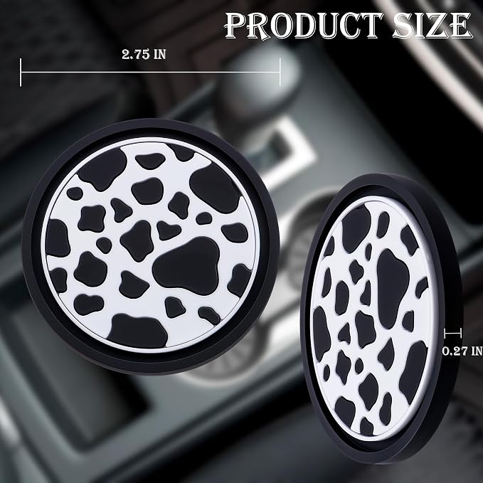 2-Pack Car Cup Coasters – 2.75 Inch Anti-Slip Drink Mats, Universal Auto Holder Insert for Women, Girls, Vehicle Interior Accessories (Cow Print)