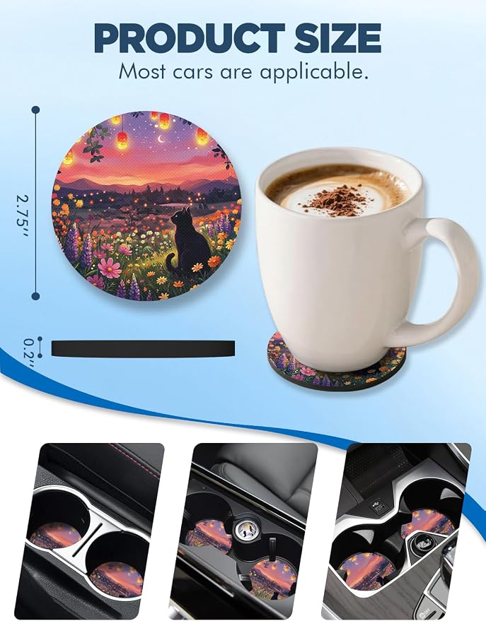 WOCOCN Car Coasters for Cup Holders - 2 Pack 2.75" Universal Rubber Car Cup Coaster, Non-Slip Waterproof Car Interior Accessories, Cute Car Decor Gifts for Women and Men (Scenery & Cats)