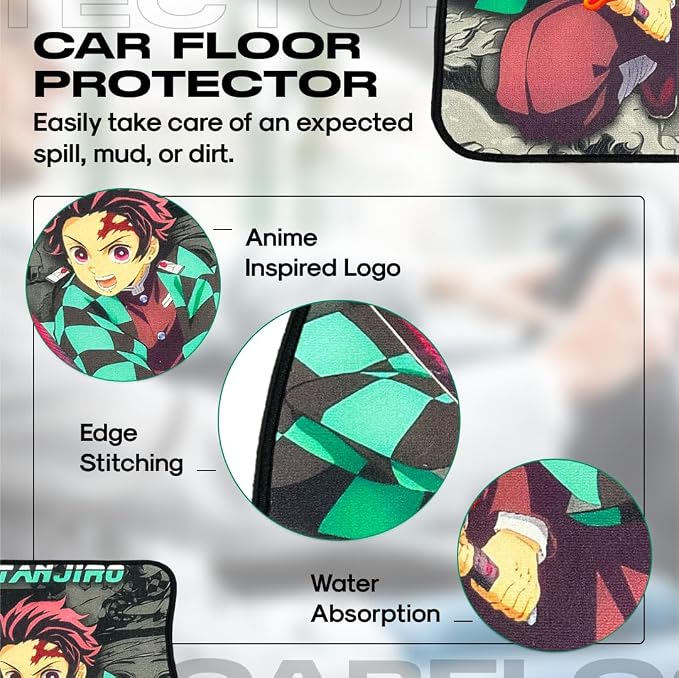 Anime Car Carpet Mat Set of 2 Front, Green Tanjrosword Design Automotive Accessories Interior All Weather Floor Mats Decor with Non Slip Black Anti Skid Backing