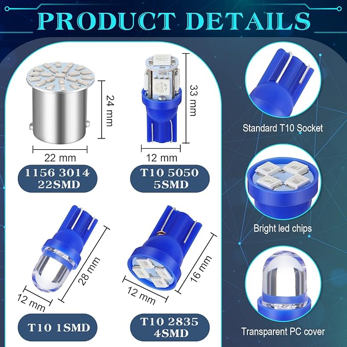 Frienda 70 Pieces LED Car Bulb Kit Interior Light, License Plate Light, Blue