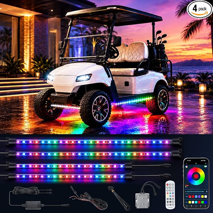 Roykaw Golf Cart LED Strip Lights, Underglow Neon Light Kit Compatible with EZGO/Club Car/Yamaha and Most Brands Golf Carts, Waterproof/LED Decorative Lights/Multi-Dynamic Modes, 4PCS