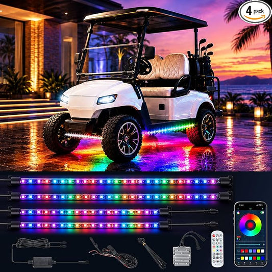 Roykaw Golf Cart LED Strip Lights, Underglow Neon Light Kit Compatible with EZGO/Club Car/Yamaha and Most Brands Golf Carts, Waterproof/LED Decorative Lights/Multi-Dynamic Modes, 4PCS