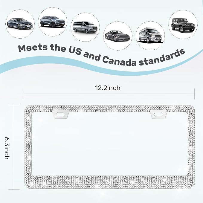 QUANQIUFEI 2 Pack Bling License Plate Frames, Sparkly Rhinestone Diamond Car License Plate Cover for Women, Stainless Steel Car Accessories with Glitter Crystal Caps (Silver)