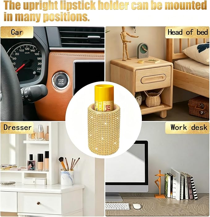 Upright Car Chapstick Holder, Bling Insulating Lip Balm Holder,Rhinestone Car Accessories for Women Interior ,Suitable for Most Vehicles. (Yellow)