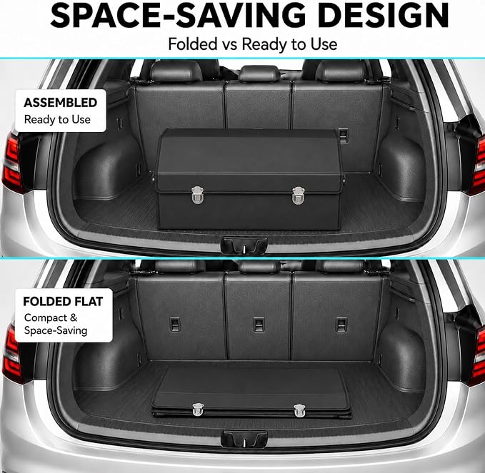 Car Trunk Organizer with Lid, Foldable Faux Leather Storage Box | Foldable design, faux leather exterior, 3 compartments
