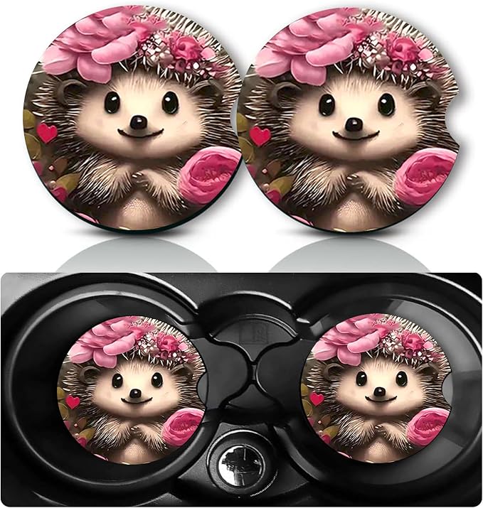 2Pcs Hedgehog Car Coasters,2.75" Neoprene Rubber Cars Cup Holder Coasters | Universal Non‑Slip Mat, Drink Coaster Decor Auto Accessories Hedgehogs Gifts for Women,Men,Mom