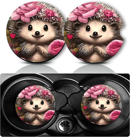 2Pcs Hedgehog Car Coasters,2.75" Neoprene Rubber Cars Cup Holder Coasters | Universal Non‑Slip Mat, Drink Coaster Decor Auto Accessories Hedgehogs Gifts for Women,Men,Mom