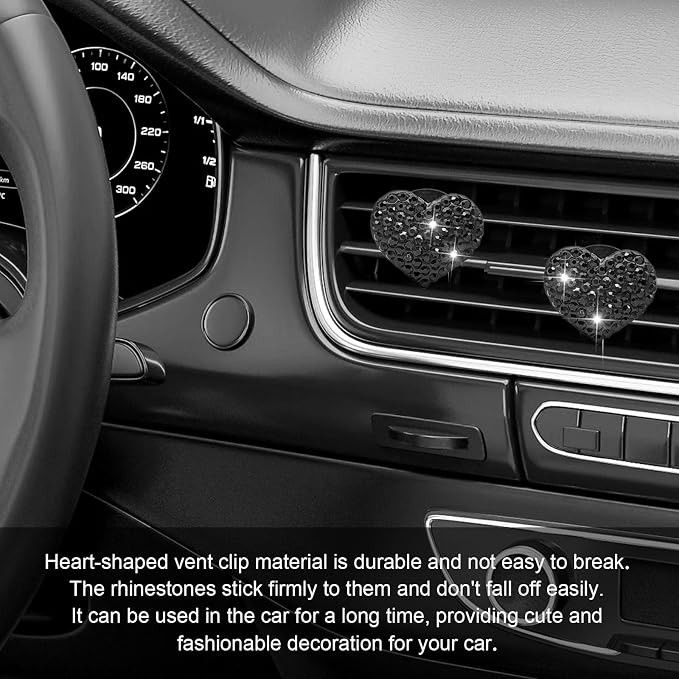 2Pcs Car Air Vent Clip, Bling Crystal Heart Charms Car Air Vent Clips, Car Air Conditioning Outlet Clip Decorative, Car Interior Decoration Accessories Universal for Women and Man (Black)