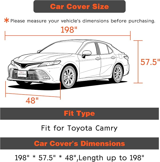 iCOVER Car Cover, Waterproof All Weather Car Covers for Toyota Camry, Honda Accord, BMW 5 Series, Mercedes E-Class,Audi A6 (Length 192" to 198") Outdoor Full Exterior Cover with Detachable Tire Covers