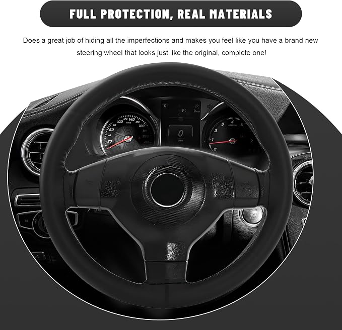 Genuine Leather Steering Wheel Cover, 15 Inch Stitch on Steering Wheel Protector with Needle & Thread, Anti-Slip DIY Sewing Wheels Wrap for Most Vehicles (Black, Glossy)