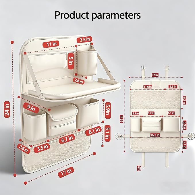 2 Pack Universal Foldable Car Backseat Organizer with Table Tray, Car Seat Back Protector with Touch Screen Phone Holder, Premium Leather Kick Mats with Storage Pockets Tissue Holder (Beige)