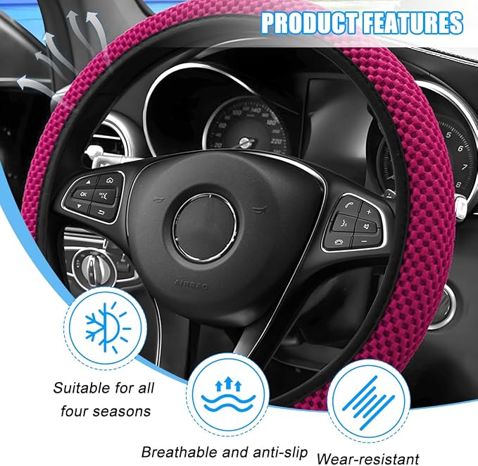 Car Elastic Stretch Steering Wheel Cover, 14.5-15" Breathable Ice Silk Anti-Slip Vehicle Steering Wheel Protector, Comfy Auto Interior Protection Accessories, Universal Fit (Rose Red)