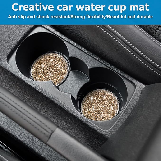 Bling Car Cup Holder Coaster, 2PCS 2.75 Inch Crystal Rhinestone Anti Slip Vehicle Drink Cup Mat for Women Girls, Auto Interior Embedded in Ornaments. Universal for SUV RV Truck (Gold)