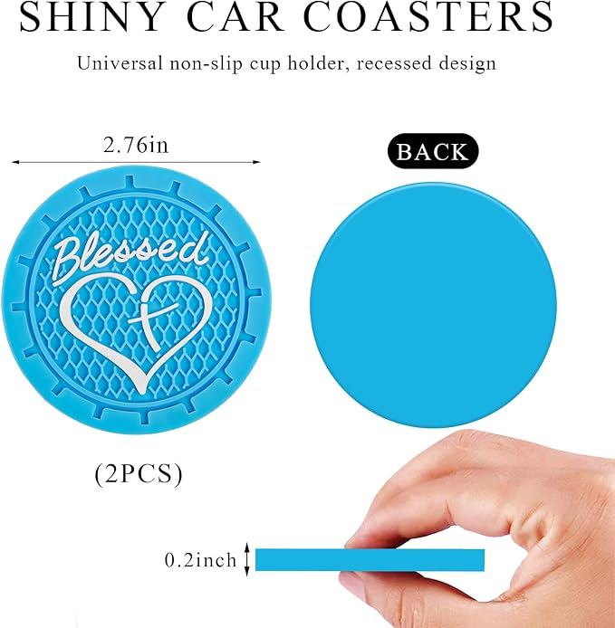KVAEY 2 PCS Car Cup Holder Coasters, 2.76 Inch Anti Slip Vehicle Drink Mats with Cute Blessed Cross and Heart, Shockproof, Universal Car Accessories (Sky Blue, 2 PCS)